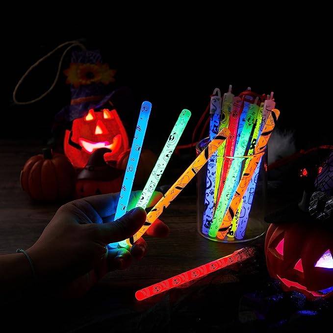 JOYIN 24 Pcs Halloween Glow Stick Hanging Wands in 8 Different Pattern Designs and 6 Colors for Kids Party Favors, Halloween Party Supplies, Glow in the Dark, Goodies Bags Fillers, Non Candy Treats-BubblyBeeBaby
