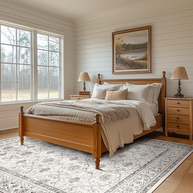 jinchan Floral 6x9 Area Rugs for Living Room - Machine Washable Vintage Distressed Boho Design Throw Rug Stain Resistant Carpet Low-Pile Thin Non-Slip for Bedroom Dining Room Nursery (6‘x9',Beige)-BubblyBeeBaby