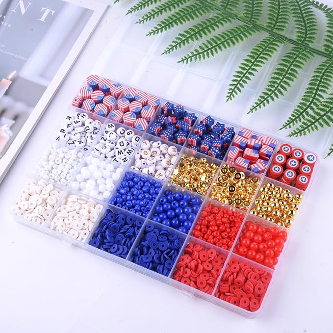 2480pcs President's Independence Day Polymer Clay Beads Charms Friendship Bracelet Necklace Earring Jewelry Making kit, Accessories for Arts Crafts DIY Birthday Gifts for Girls Children American Flag-BubblyBeeBaby
