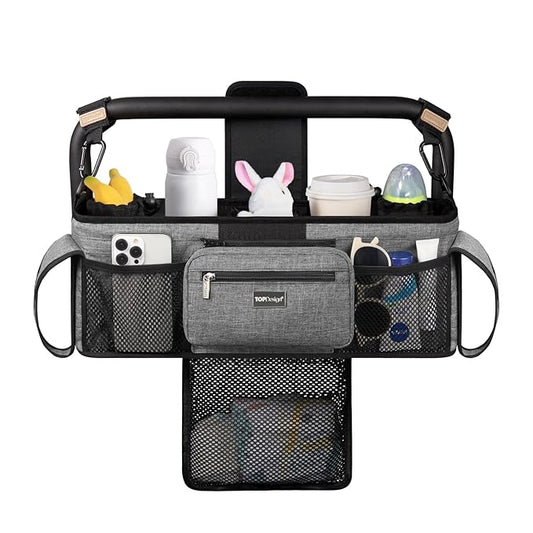 TOPDesign Universal Baby Stroller Organizer, Double Stroller Caddy with Detachable Mesh Bag & Heightened Insulated Cup Holders & Non-Slip Secure Hooks Accessories, Fits Most Strollers (Grey)-BubblyBeeBaby