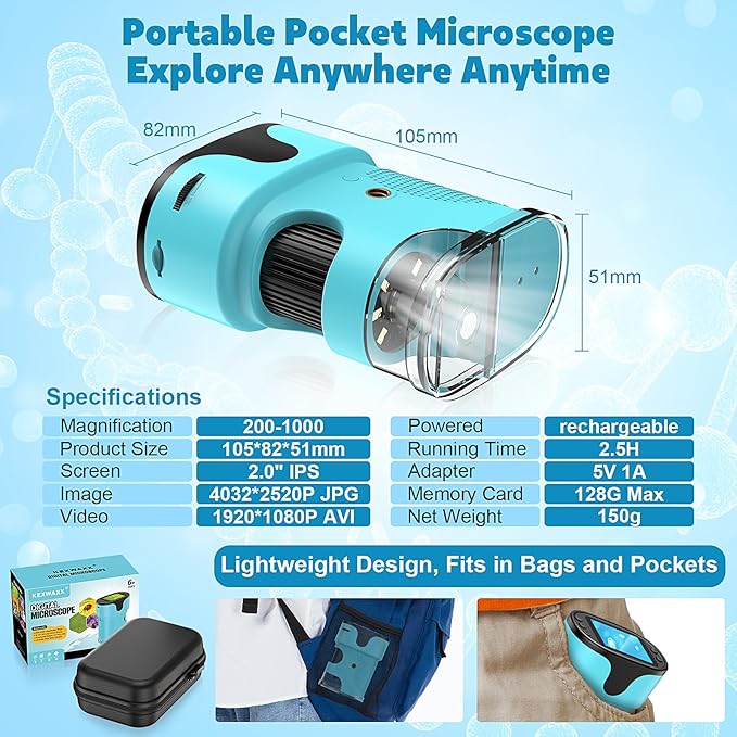 1000X Pocket Microscope for Kids - 4K 2.0" Screen, Digital Mini Scope with Slides Kit, Rechargeable Lab Handheld Portable Microscopes for Kids 4-12 Students Teens-BubblyBeeBaby
