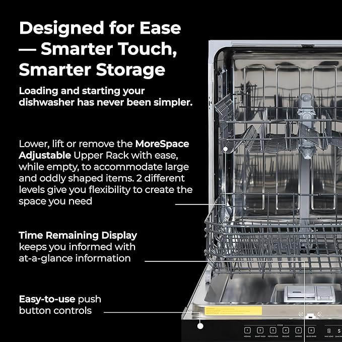 Kenmore 24" Built-in Stainless Steel Tub Dishwasher SmartWash, UltraWash, SmartDry Plus, MoreSpace Adjustable Rack and Leak Detect, Energy Star Certified, Black-BubblyBeeBaby