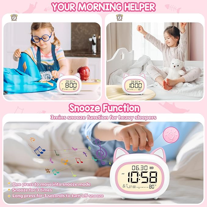 Kids Alarm Clock with Night Light for Kids, Small Digital Alarm Clocks for Bedrooms, Routine Builder, Cute Cat Alarm Clock with Sleep Training, Snooze, 12/24H, Date & Day, Temperature, USB Port-BubblyBeeBaby