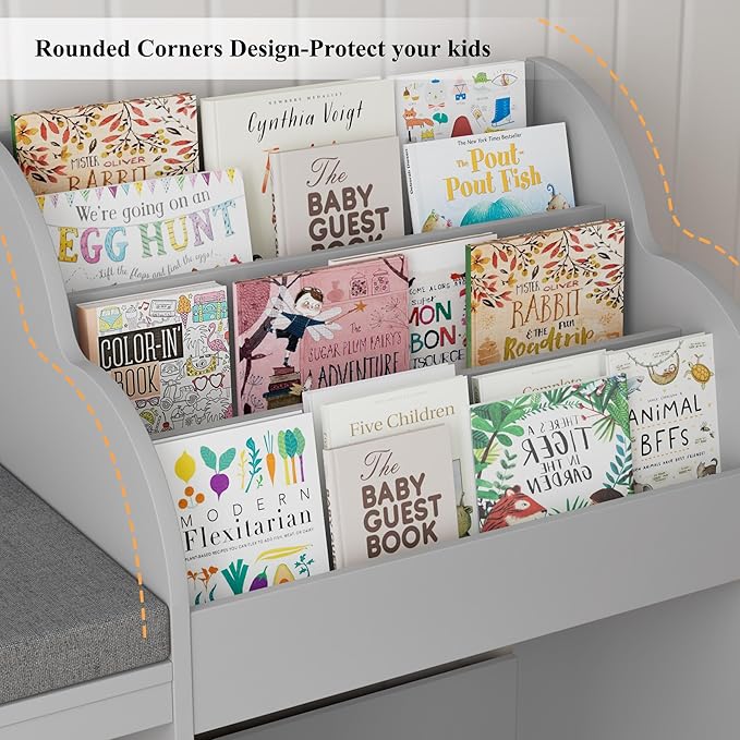 HOSTACK 67" Kids Reading Nook with Bench, Kids Bookshelf and Bookcase with Seat Cushion and 6 Storage Cubbies, Toy Storage Box on Wheels, Toy Chest for Playroom, Bedroom, School, Grey-BubblyBeeBaby