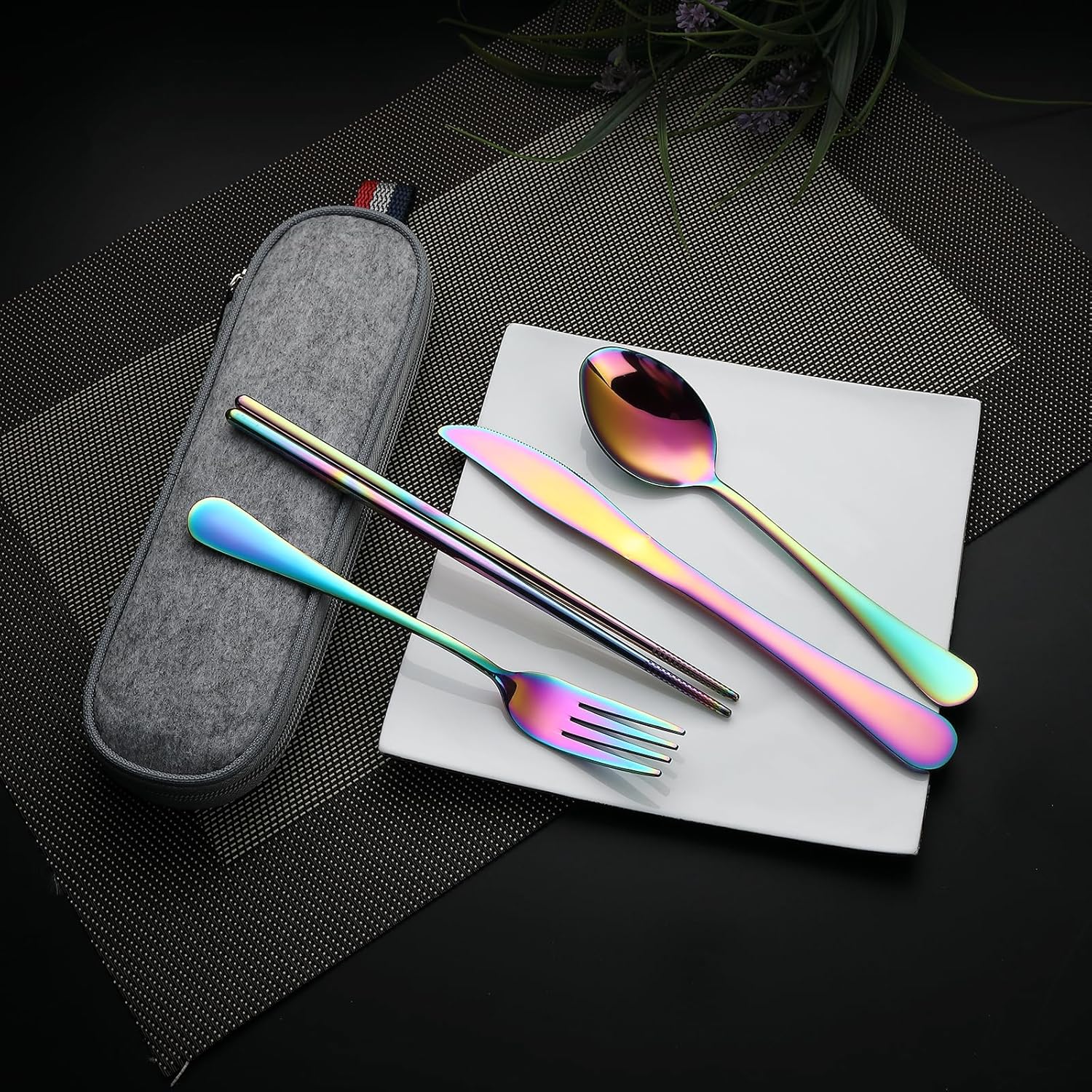 DEVICO Camping Utensils, Portable Travel Utensils with Case, Stainless Steel Reusable Silverware for Lunch Adult, 5Pcs Cutlery Set Includes Knife Spoon Fork Chopsticks and Case (Rainbow)