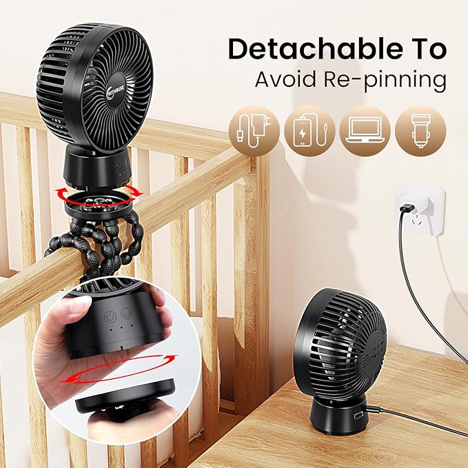 20000mAh Portable Stroller Fan with Auto Oscillating, Extended Anti-Slip Detachable Flexible Tripod, Power Bank & LED Light, 3-Speed Quiet Long Time Cooling Clip On Fans for Baby Crib Car Seat Travel-BubblyBeeBaby