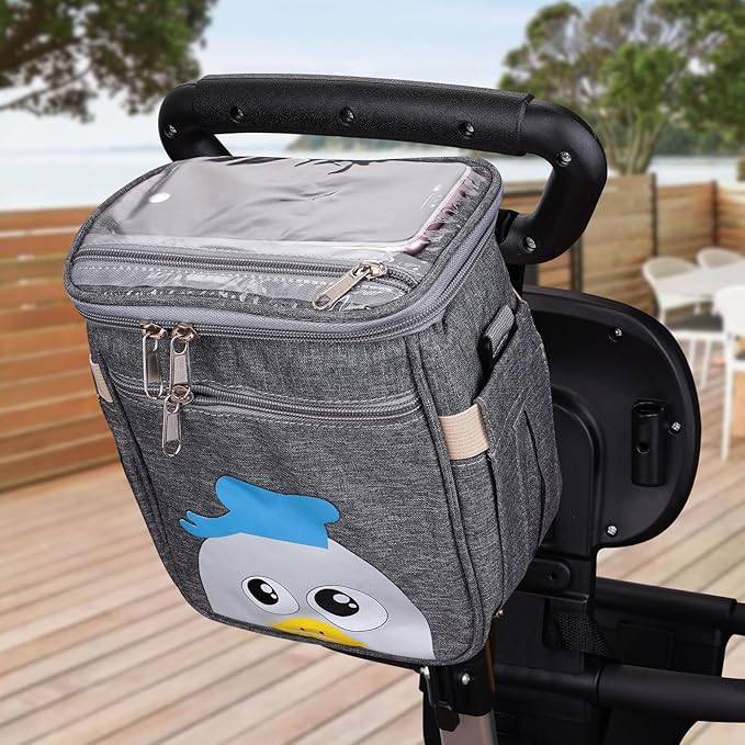 Baby Stroller Organizer Bag，Small Diaper Bag - Universal Stroller Organizer With Insulated Cup Holder,Pocket With Baby Wipes Dispenser，Adjustable Shoulder Strap(Deep Grey)-BubblyBeeBaby