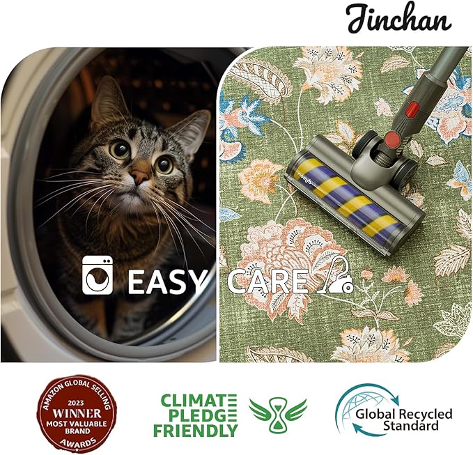 jinchan Floral Corner Rug for Living Room Washable Bedroom Rug Vintage Romance Design Non Slip Quarter Circle Lightweight Low-Pile Throw Carpet for Reading Nook Playroom,8ft Radius, Green-BubblyBeeBaby