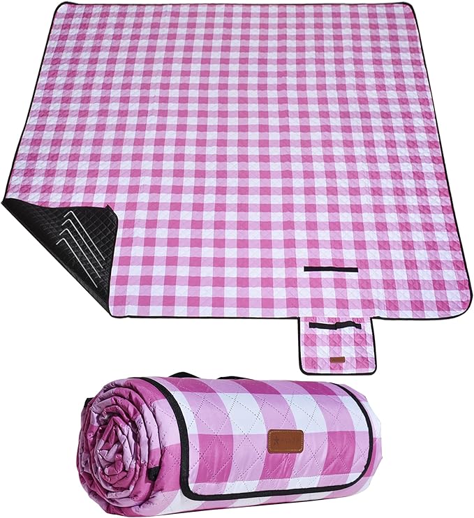 HX&OD Outdoor Picnic Blanket, Extra Large, 80''x80'' Waterproof Foldable Blankets Gingham Picnic Mat for Beach, Camping Grass Lawn Park Accessories Cute Couple Ideas Wedding (Pink, 80”x80”)-BubblyBeeBaby