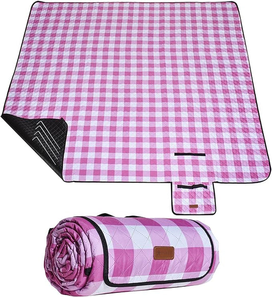 HX&OD Outdoor Picnic Blanket, Extra Large, 80''x60'' Waterproof Foldable Blankets Gingham Picnic Mat for Beach, Camping Grass Lawn Park Accessories Cute Couple Ideas Wedding (Pink, 80”x60”)-BubblyBeeBaby