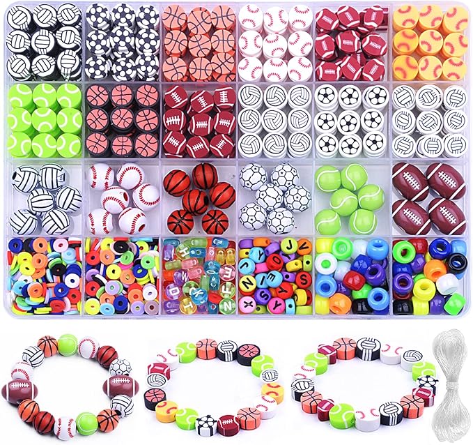 1000PCS Sports Ball Polymer Clay Beads Charms for Friendship Bracelets Making Kit Cute Fun Beads DIY Arts Crafts Birthday Gifts for Kids Girls Baseball Basketball Soccer Rugby Volleyball Football Bead-BubblyBeeBaby