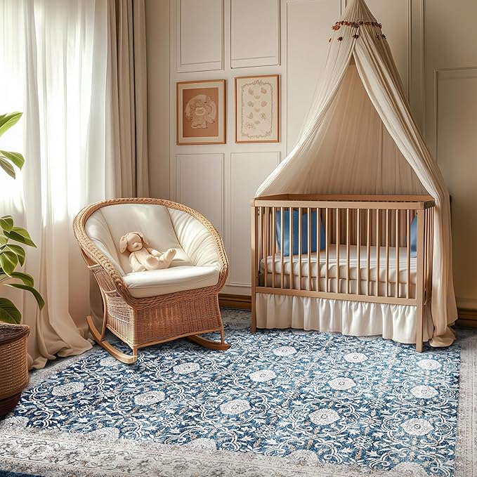 jinchan Floral Area Rugs 4x6 Machine Washable Vintage Distressed Boho Design Throw Rug Stain Resistant Carpet Low Pile Ultra-Thin Non-Slip for Bedroom Living Room Dining Room Kitchen(4‘x6',Drak Blue)-BubblyBeeBaby