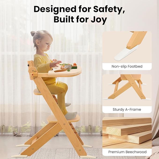 High Chair for Babies and Toddlers, Wooden Highchair with Adjustable Seat & Convertible Footrest Heights, Baby Feeding Chair with Safety Harness & Removable Double Layer Tray-BubblyBeeBaby