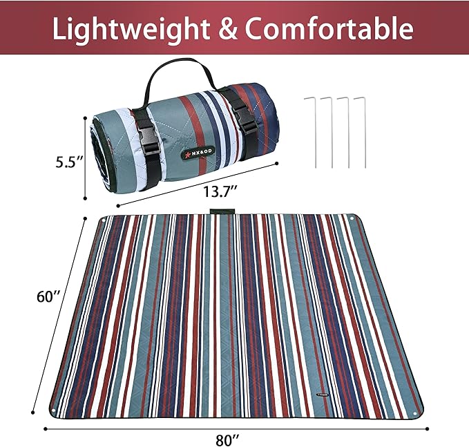 HX&OD Outdoor Picnic Blanket Extra Large, 80''*60'' Waterproof Picnic Mat with Stakes Foldable Camping Blanket Portable with Carry Strap for Beach Mat (Green& White, 80''*60'')-BubblyBeeBaby