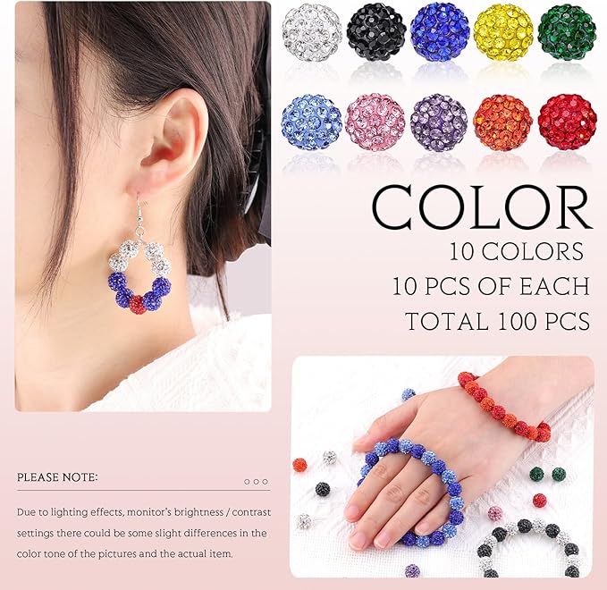 100 Pcs 10 Mixed Colors Rhinestone Beads for Jewelry Making, Sparkle Crystal Clay Christmas for Bracelet Baseball Necklace Earring Crafting and DIY, Shiny Round Shamballa Disco Ball Beads-BubblyBeeBaby
