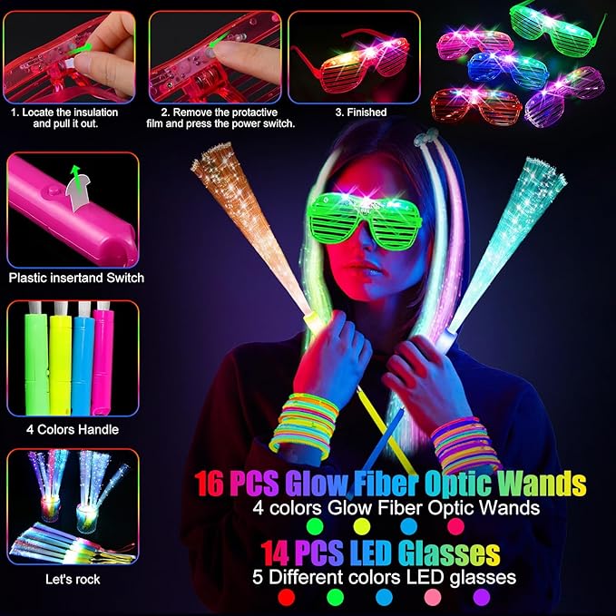 148 PCS Glow in the Dark Party Supplies, 16 Fiber Optic Wands, 14 LED Glasses, 100 Glow Sticks and 18 LED Hair Clips Fiber Optic for Neon Party, Wedding, Birthday, Concert, New Year-BubblyBeeBaby