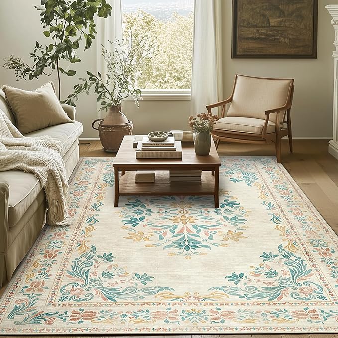 jinchan Vintage Floral 8x10 Area Rugs for Living Room - Machine Washable Distressed Design Soft Throw Rug Thin Non-Slip Large Carpet for Bedroom Nursery Dining Room Home Office(8x10ft,Apricot)-BubblyBeeBaby