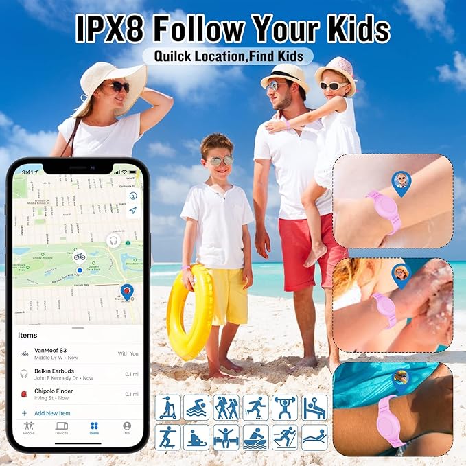 2 Pack Waterproof AirTag Bracelet for Kids, Hidden Silicone Wristband for AirTag, GPS Tracker Case for Air Tag Holder Strap Band for Child Toddler, Secure Anti-Loss Protection(Pink Purple)-BubblyBeeBaby