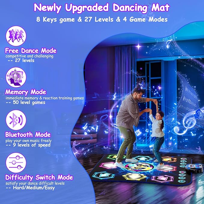 2025 Upgraded Dance Mat Toys for 3-12 Year Old Kids, Electronic Dance Pad with Light-up 8-Button Wireless Bluetooth, Music Dance with 27 Game Levels, Christmas Birthday Toy Gifts for Girls Boys-BubblyBeeBaby