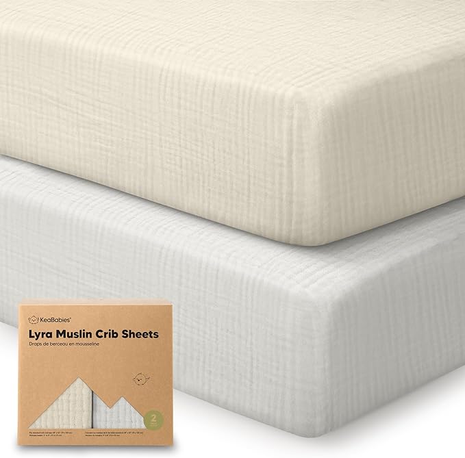 KeaBabies 2-Pack Muslin Crib Sheets for Boys, Girls - 100% Organic Cotton Fitted Baby Crib Mattress Sheet, Soft Breathable Standard Toddler Bed Cover Bedding Set, Neutral, Durable 52x28 (Greige)-BubblyBeeBaby