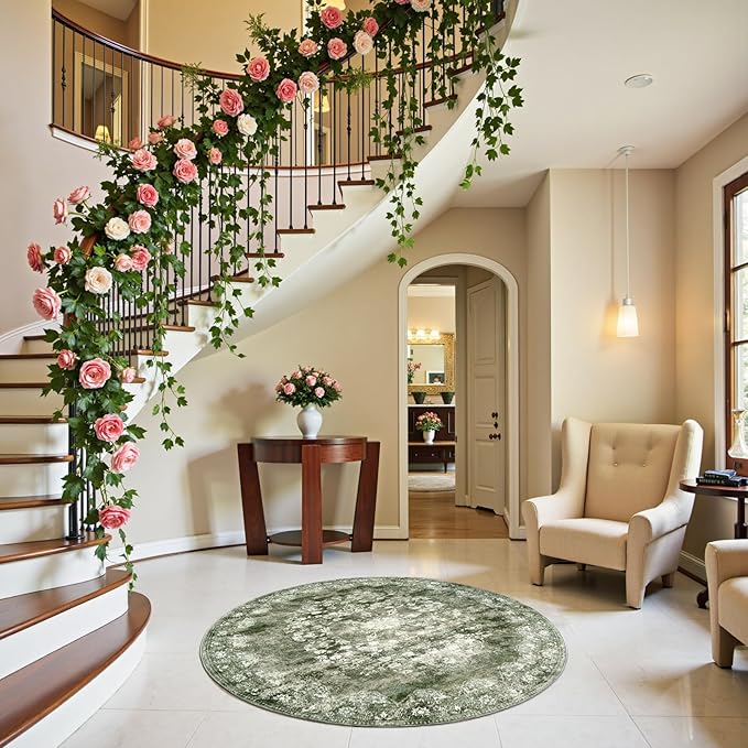 jinchan Round Rug 4ft Area Rug - Green Vintage Floor Mat Kitchen Indoor - Washable Circle 4' Thin Floral Print Carpet Retro Farmhouse Non Slip Dining Room Living Room Bedroom Office-BubblyBeeBaby