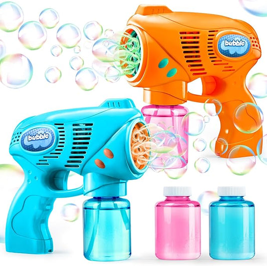 JOYIN 2 Bubble Guns with 2 Refill Solution (10 oz Total), Automatic Bubble Maker Blower Machine for Kids, Toddlers, Outdoors, Party, Birthday Gift, Easter Toys (Blue, Orange)-BubblyBeeBaby