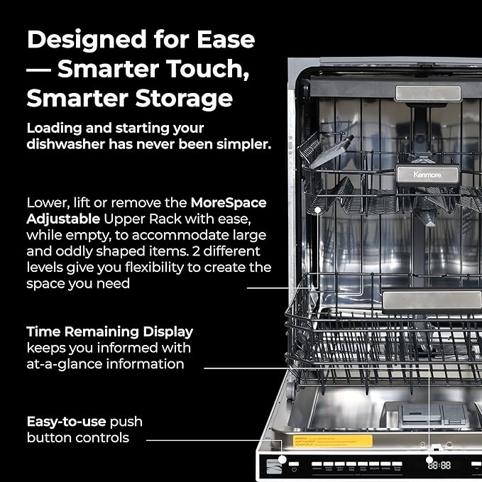 Kenmore 22-14625 24" Built-In Dishwasher - Quiet Tub with TurboDry, Leak, & SmartWash Soil Detection - 15 Place Settings - 49 DBA - ENERGY STAR Certified - Fingerprint Resistant Stainless Steel-BubblyBeeBaby
