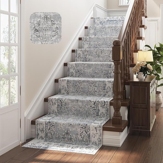 jinchan Hallway Runner Rug 3x8 Machine Washable Runner Rug Grey Vintage Floral Design Non-Slip Low Pile Ultra-Thin for Kitchen Laundry Room Bedroom Farmhouse (3‘x8',Grey)-BubblyBeeBaby