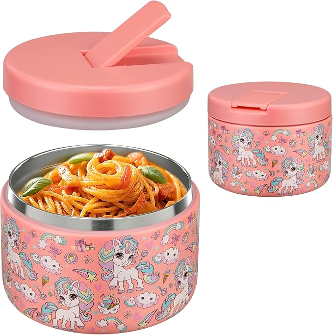 12oz Insulated Vacuum Food Jar with Buckle Lid Wide Mouth Soup Thermo for Hot Food Kids Leakproof Stainless Steel Lunch Container (Pink-Horse)-BubblyBeeBaby