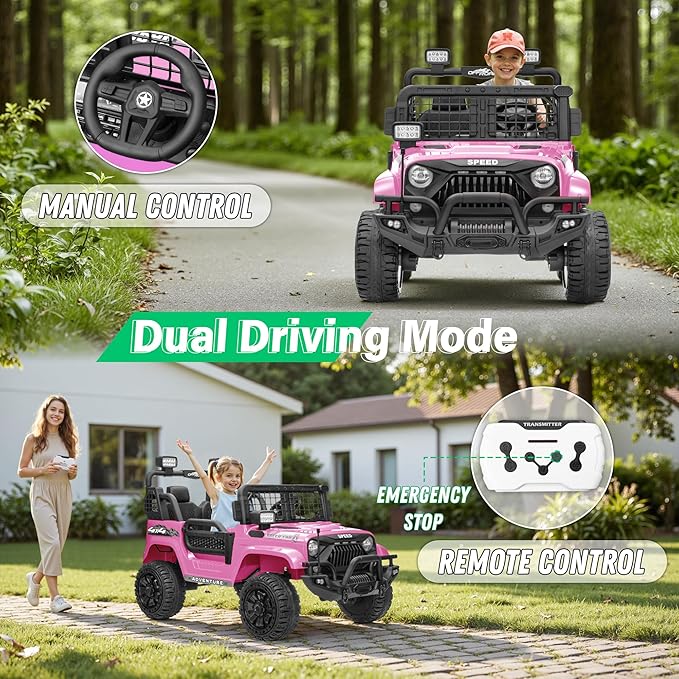 2 Seater Ride On Car Truck with Remote Control XL, Kids 24V Battery Powered Electric Vihicle w/21 in Seat, 3 Speeds, 2WD/4WD Switichable, Shock Absorbers,Bluetooth, Flower, Gift Choice-BubblyBeeBaby