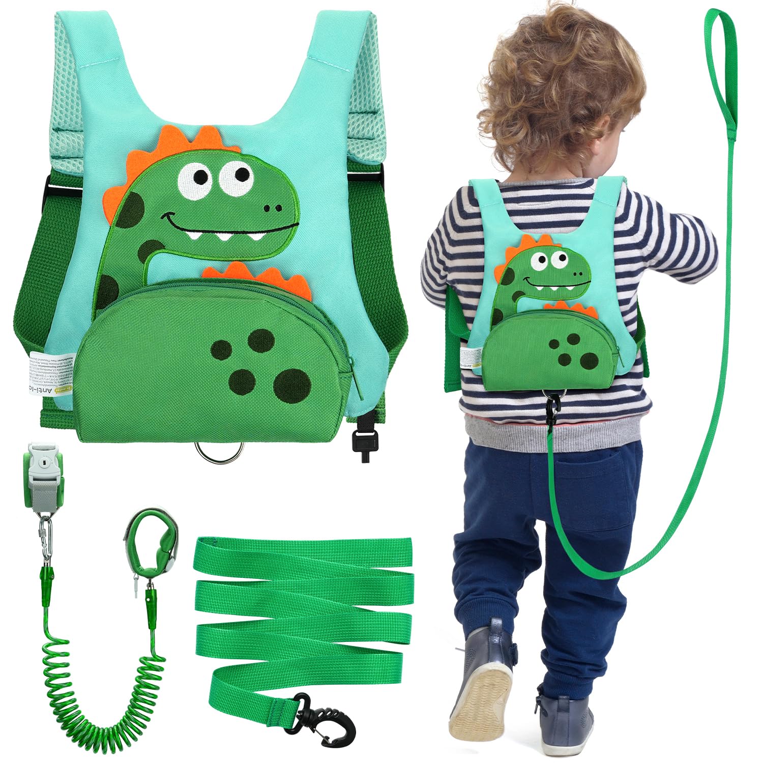 Dr.meter 3 in 1 Toddler Harness Leash + 8.2ft Anti Lost Wrist Link, Cute Dinosaur Kids Safety Harness Tether with Key Lock, Child Protective Leashes While Walking for Outdoor Activity Keep Kids Close