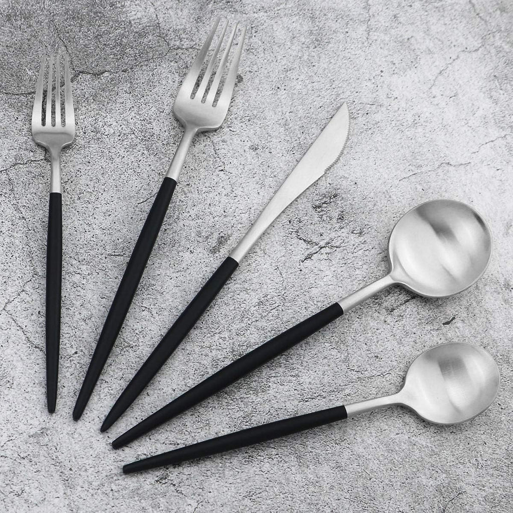 Gugrida Black Handle Matte Silver Silverware Set - 5-Piece 18/10 Stainless Steel Satin Finish Flatware, Kitchen Utensils, Tableware Travel Cutlery for Camping Office Lunch - Dishwasher Safe