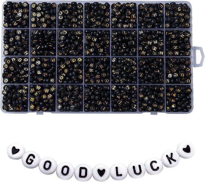 1400pcs Letter Beads, 4x7 mm Acrylic Alphabet Beads, Beads for Jewelry and Bracelet Making, in 28 Grid Box (Black and Gold)-BubblyBeeBaby