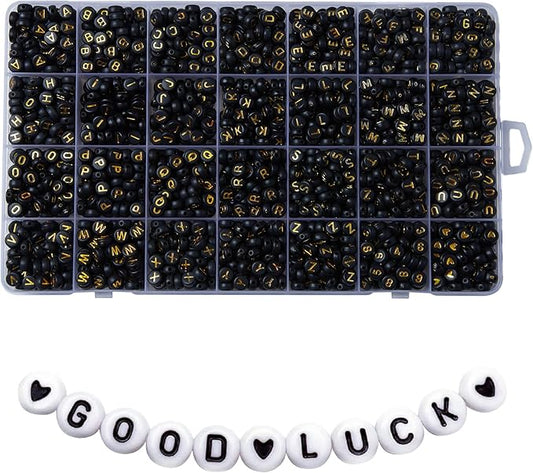 1400pcs Letter Beads, 4x7 mm Acrylic Alphabet Beads, Beads for Jewelry and Bracelet Making, in 28 Grid Box (Black and Gold)-BubblyBeeBaby
