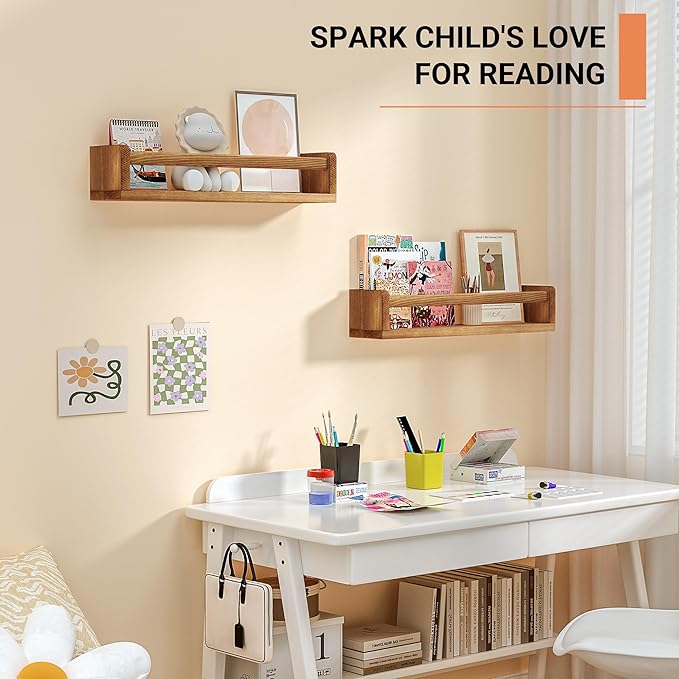 Heimlove Nursery Floating Shelves, Nursery Book Shelves for Wall, 16 inch Wall Bookshelf for Kids Solid Wood Wall Mounted Shelves for Books,Toys and Decor Storage, Set of 2-BubblyBeeBaby