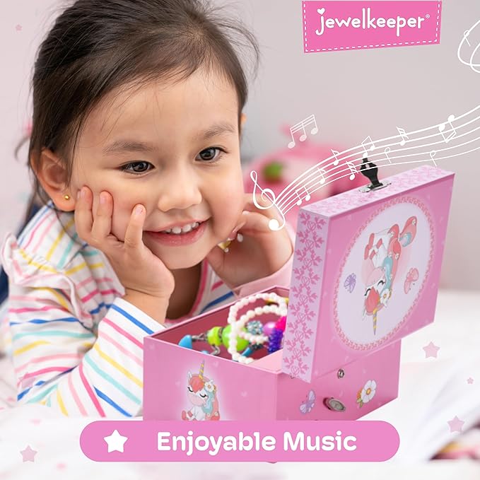 Jewelkeeper Unicorn and Butterfly Themed Jewellery Box Pink for Girls - Wooden Jewelry Box with Velvet Lining for Little Girl's Necklaces and Accessories - Spinning Unicorn Doll, Toys for Girls-BubblyBeeBaby