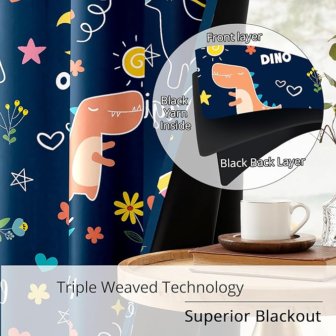 100% Blackout Curtains for Kids - Adorable Dinosaur & Unicorn Pattern, 2Panels, Each W52xL63, Thermal Insulated Noise-Reducing Drapes for Nursery, Bedroom, Playroom - Fun & Colorful Design-BubblyBeeBaby