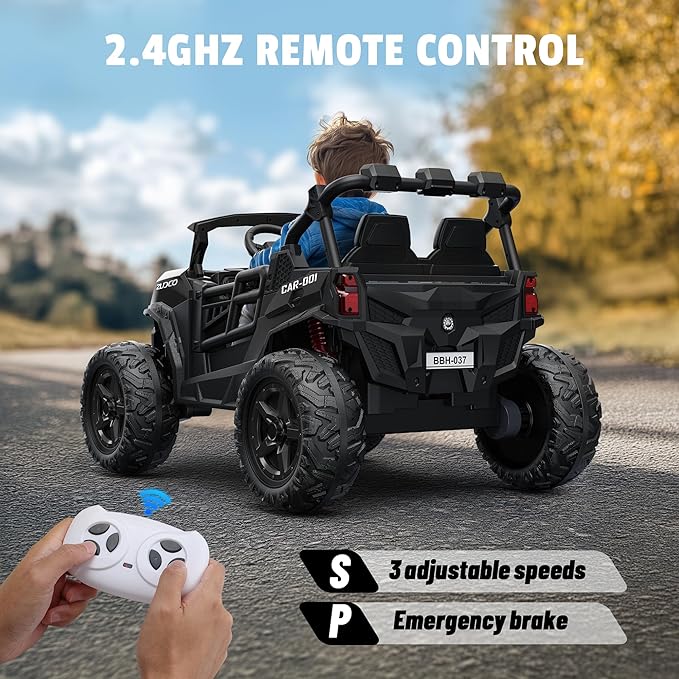 24V 2 Seater Ride on Car Truck, 4x200W, EVA Tires, 4WD/2WD, Rainbow Lights, Remote Control, Shock Absorbers, Bluetooth, Ride On UTV Toy for Kids Ages 3-8, Black-BubblyBeeBaby
