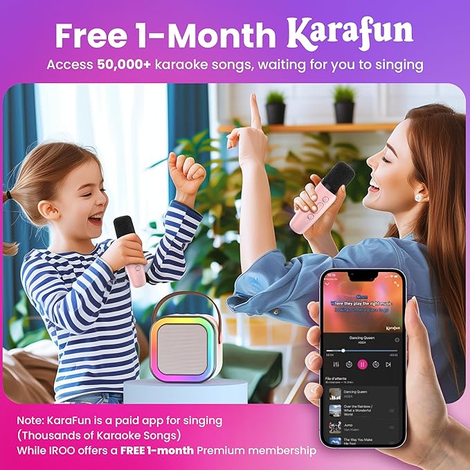 IROO Mini Karaoke Machine for Kids, 2025 TOP Toys Birthday Gifts Ideas for Girls Ages 4, 5, 6, 7, 8, 9, 10, 12+ Years Old, Portable MP3 Player with 2 Wireless Mics for Party-BubblyBeeBaby