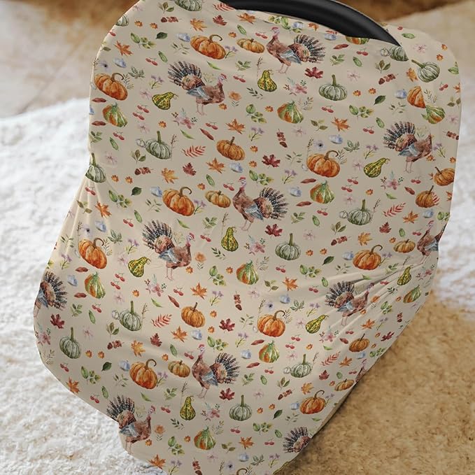 Thanksgiving Turkey Pumpkins Car Seat Covers Vintage Autumn Leaves Stretchy 5-in-1 Cover Adjustable Infant Carseat Cover Canopy Fall Harvest Breathable Nursing Cover-Up-BubblyBeeBaby