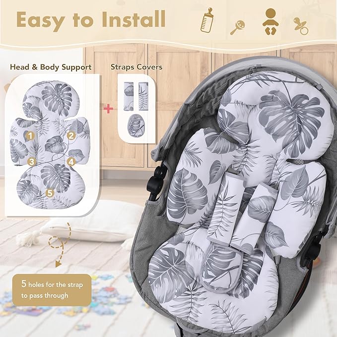 Infant Car Seat Insert, 2-in-1 Head & Body Carseat Support for Baby Newborn Toddler with Strap Covers, Reversible Ultra-Soft Cushion for Baby Carseat, Stroller, Swing & Bouncer-BubblyBeeBaby