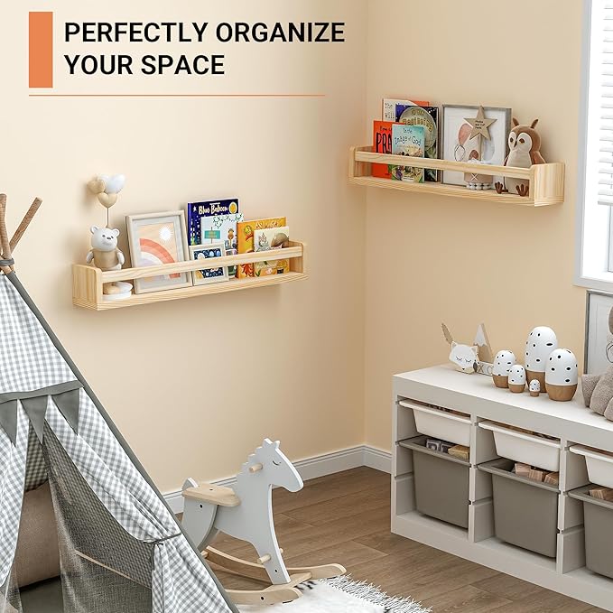 Heimlove Nursery Floating Shelves, Wood Nursery Book Shelves for Wall, 24 inch Wall Bookshelf for Kids Solid Wood for Books,Toys and Decor Storage, Set of 3-BubblyBeeBaby