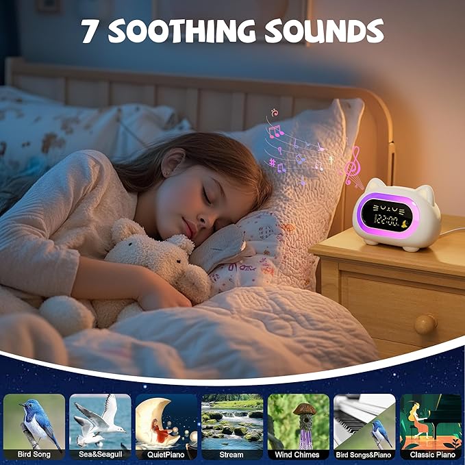 Honesorn Alarm Clock for Kids, Ok to Wake Clock for Kids, Cute Cat Kids Alarm Clock for Girls Boys Toddler, Kids Clock with 10 Night Lights, 7 Soothing Sounds, Auto-Off Timer, Child Lock, Cream White-BubblyBeeBaby