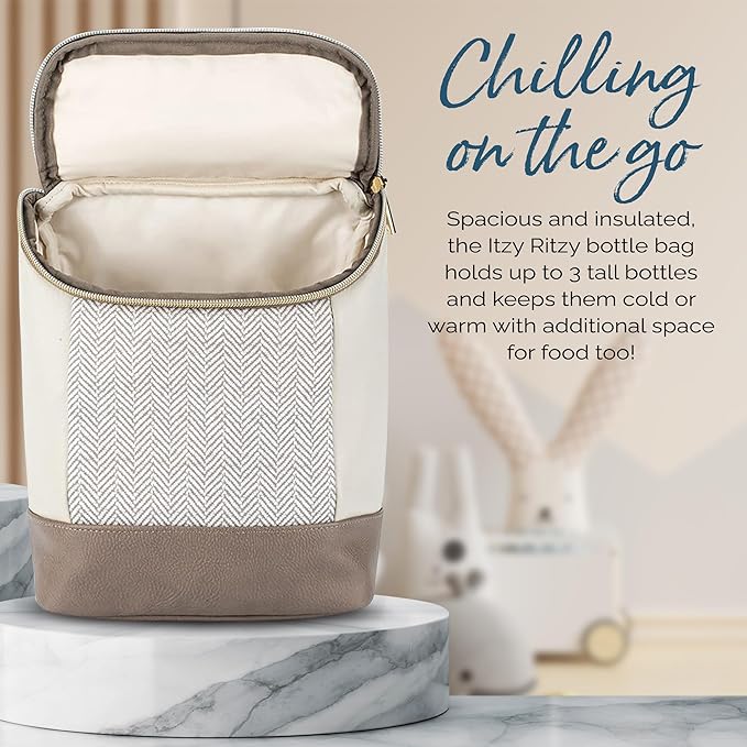 Itzy Ritzy Insulated Bottle Bag – Keeps Bottles Warm or Cool - Holds 3 Bottles & Features Interior Pocket for Ice Pack (Not Included), Vanilla Latte-BubblyBeeBaby