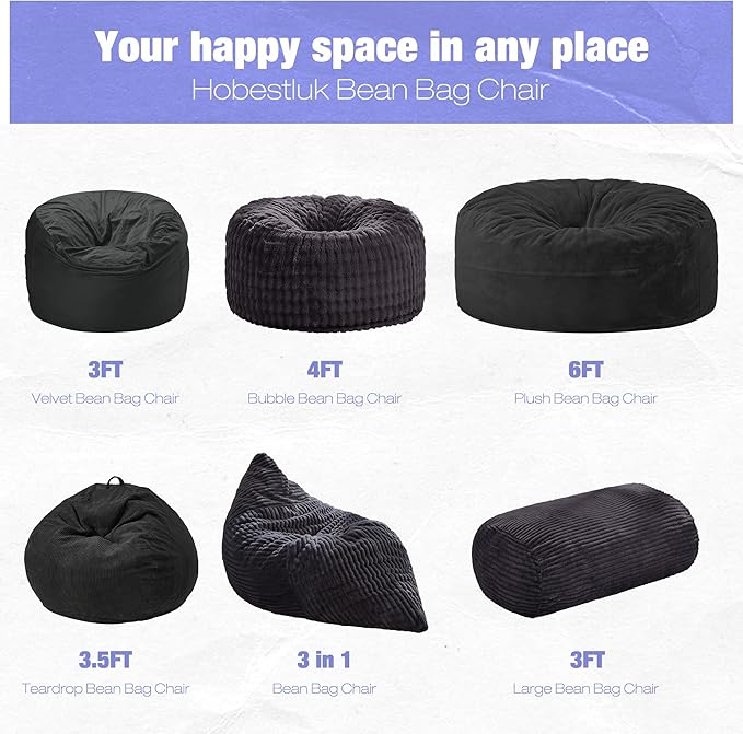 Hobestluk 3FT Bean Bag Chairs Adult Bean Bag with Portable Handle Comfy Large Bean Bag Chair with Removable Cover for Living Room Bedroom or Reading Nook (Stripe Dark Grey, 3FT)-BubblyBeeBaby