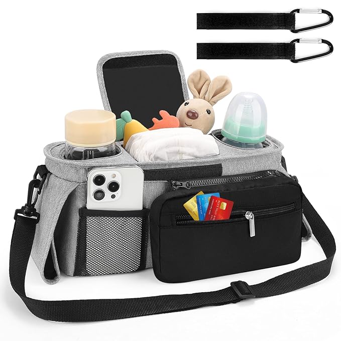 Accmor Universal Stroller Organizer with Insulated Cup Holder Detachable Phone Bag and Shoulder Strap,Stroller Bag Caddy Organizer Fits for Uppababy, Baby Jogger, Britax Strollers-BubblyBeeBaby