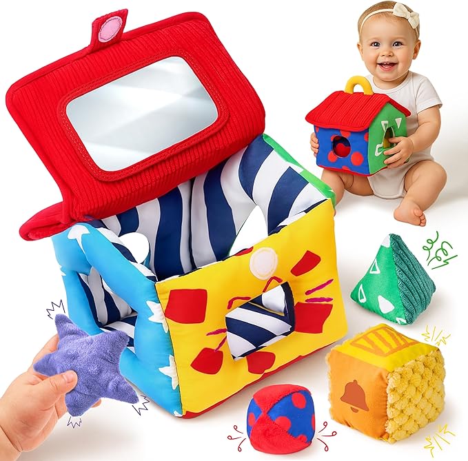 JoyCat Infant Toys 6-12 Months, Soft Sensory Toy with 4 Fabric Shapes, Baby Learning Shape Sorter for 3 4 5 6 7 8 9 10 11 12-18 Months, Baby Shower Birthday Gift Boy Girl-BubblyBeeBaby