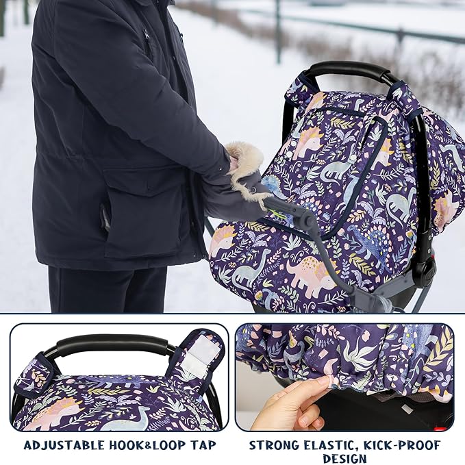 Pea Pod Car Seat Cover Baby, Infant Car Seat Canopy Covers for Newborn with 2 Layers Windows of Breathable Mesh Fabric, Lightweight Polyester/Soft Minky Dot Backing (Dinosaur)-BubblyBeeBaby