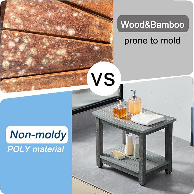 Heavy Duty Shower Bench for Inside Shower Waterproof, Large HDPS Bath Stool for Shaving Legs, Gray Poly Lumber Foot Stool, Plastic Bathroom Bench Seat with Storage Shelf, Outdoor/Indoor Use-BubblyBeeBaby