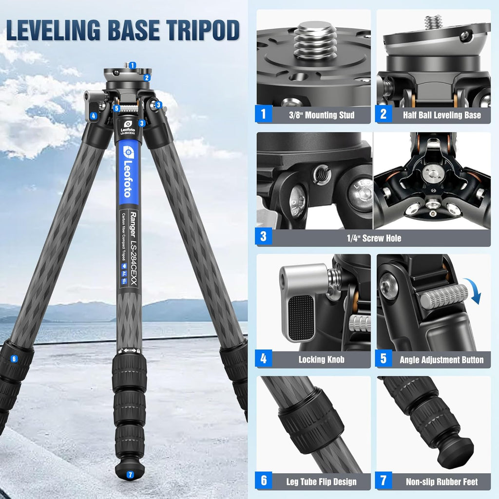 LEOFOTO LS-284CEXX Carbon Fiber Tripod with Leveling Base for Camera, 360° Portable Tripod with 3/8" Screw for Sport Camera/Phone Holder/Projector, A Bubble Level, Folded Length 21.06", Max Load 22LB